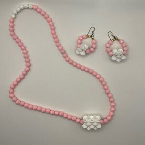 Pink and White Beaded Necklace and Earring Set